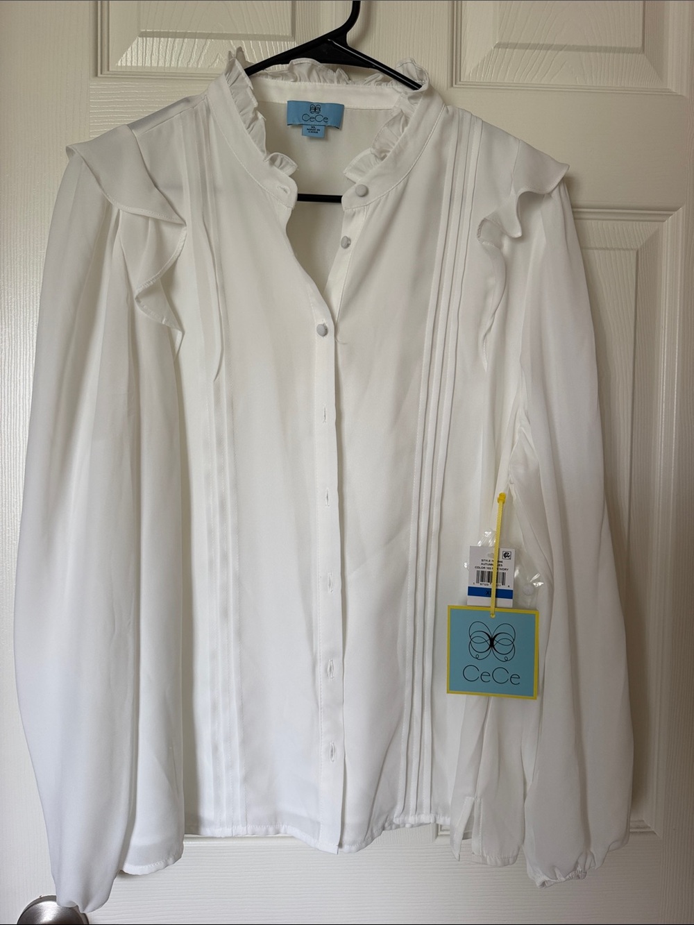 CeCe White Ruffle-Trim Pintuck Button-Front Blouse